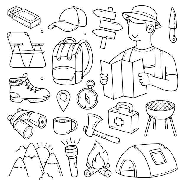 Camping and outdoor doodle hand drawn elements