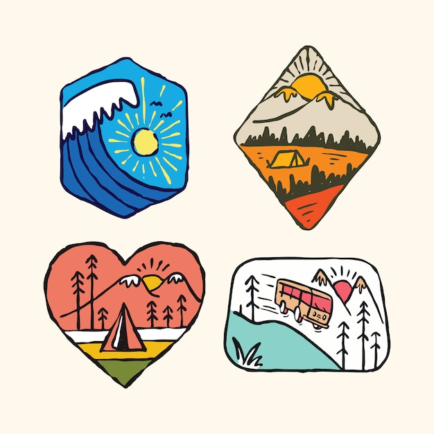 Camping outdoor nature wild badge patch pin graphic illustration  set group