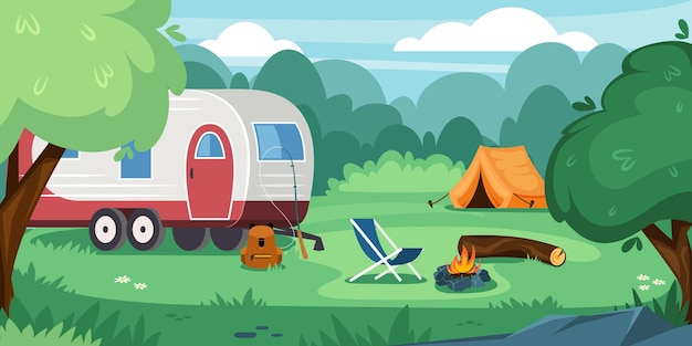 Camping outdoor relax time with tent campfire and camper SUV car Vector travelling concept background