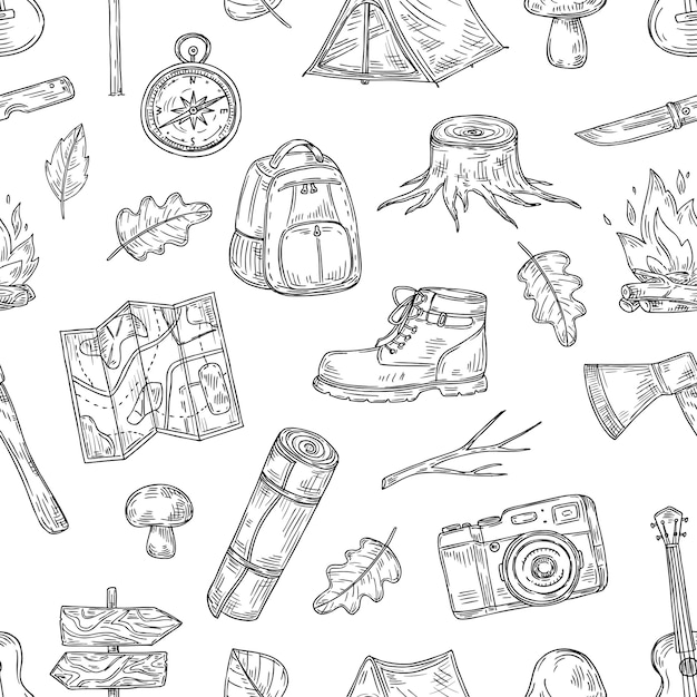 Camping pattern. Hiking, family camp in natural wood. Scout outdoor adventure sketch outline  seamless texture