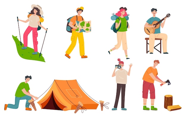 Camping people man woman isolated set collection flat cartoon design element illustration