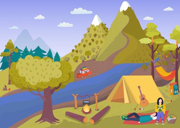 Camping picnic in summer forest , cartoon people spend time in tourist camp with tent near campfire, cooking food