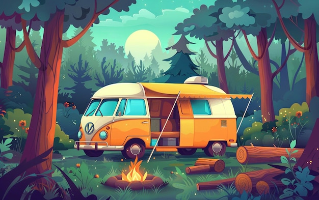 Vector camping place with open door camper van