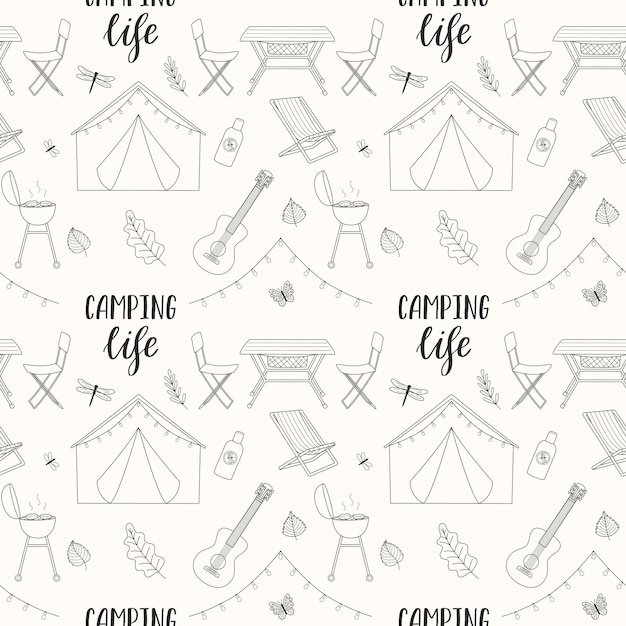 Camping seamless pattern Travel equipment and gear Hand drawn outline hiking elements and lettering Doodle backdrop for website banner textile packaging design Vector illustration on white