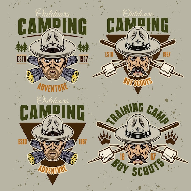 Camping set of colored vector emblems badges labels or logos with man in boy scout hat flashlights and marshmallow on sticks on light background