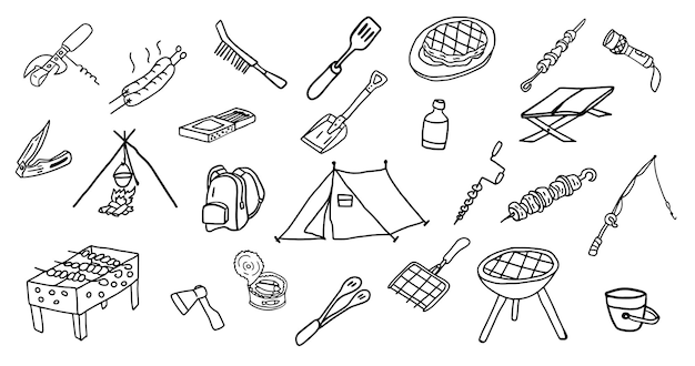 Camping set in doodle style