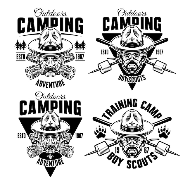 Camping set of four monochrome vector emblems badges labels or logos in vintage style with man in boy scout hat flashlights and marshmallow on sticks isolated on white