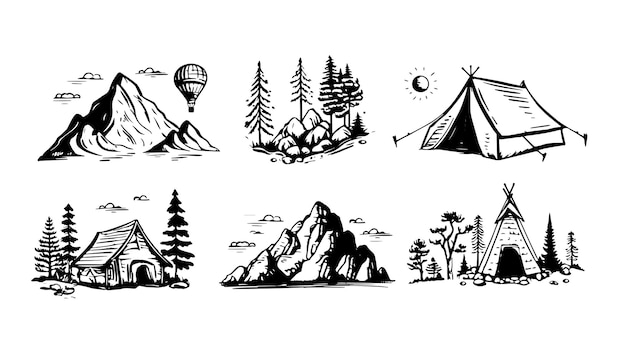 Camping set Mountain landscape hand drawn style vector illustration