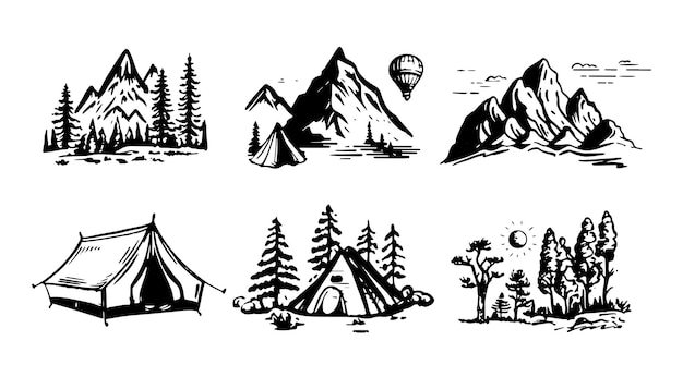 Camping set Mountain landscape hand drawn style vector illustration