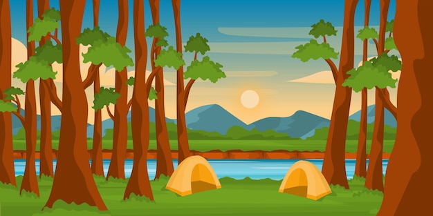 A camping site with beautiful trees background vector