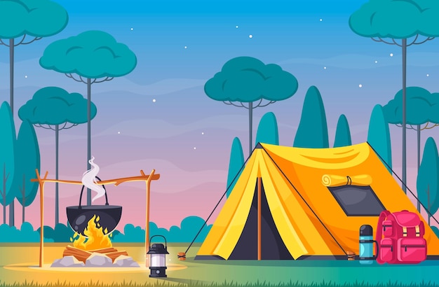 Camping site with tent fire and equipment cartoon composition