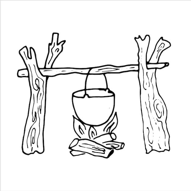 Camping Soup Pot Hanging on a wooden Cooking on a fire in sketch style Camping Food