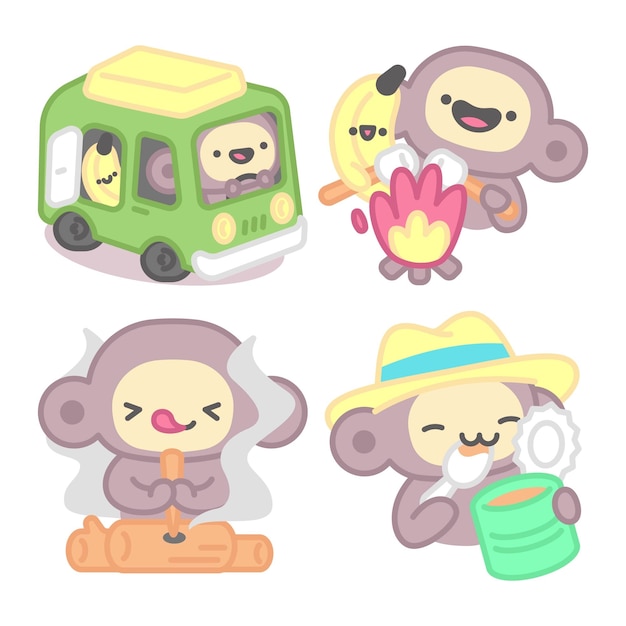 Camping stickers collection with monkey and banana