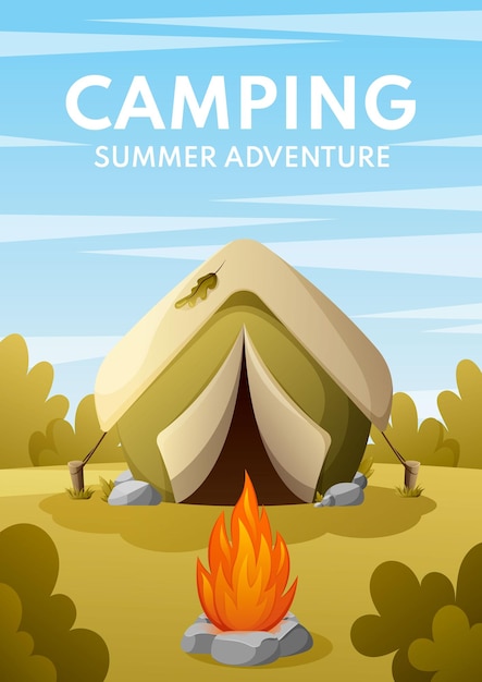 Camping summer adventure flyer outdoor recreation with tent bonfire vector illustration