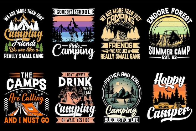 Camping t-shirt design bundle, vintage, outdoor t-shirts, graphic vector element, camper typography