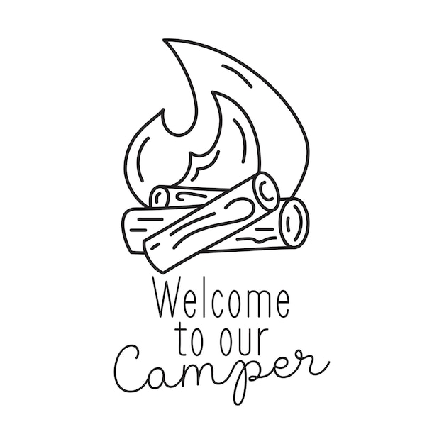 Camping T Shirt Design in minimalist Line Art Style with Quote Welcome to our Camper Travel linear Emblem Hiking Silhouette Label Stock vector Badge