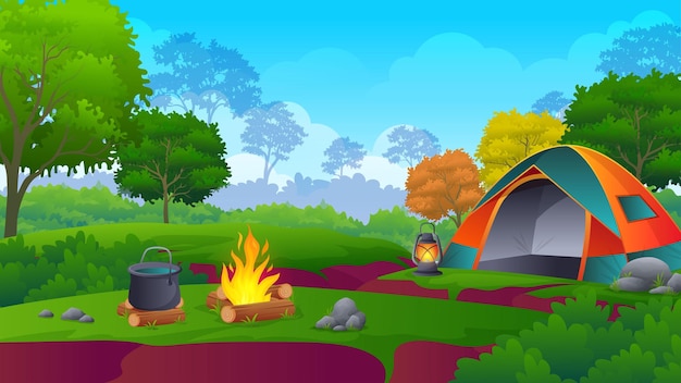 Camping tent in the forest mountain, with beautiful nature scene cartoon illustration