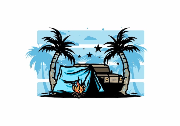 Camping tent in front of car between coconut tree illustration