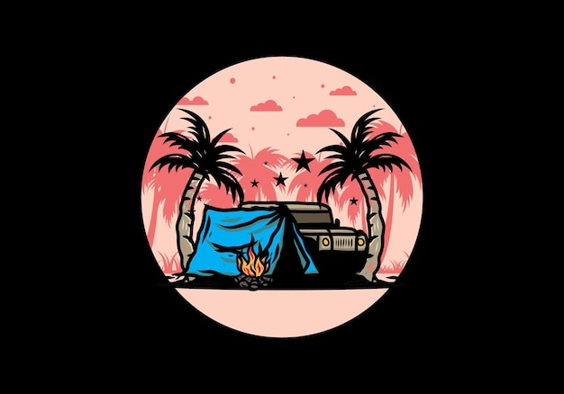 Camping tent in front of car between coconut tree illustration