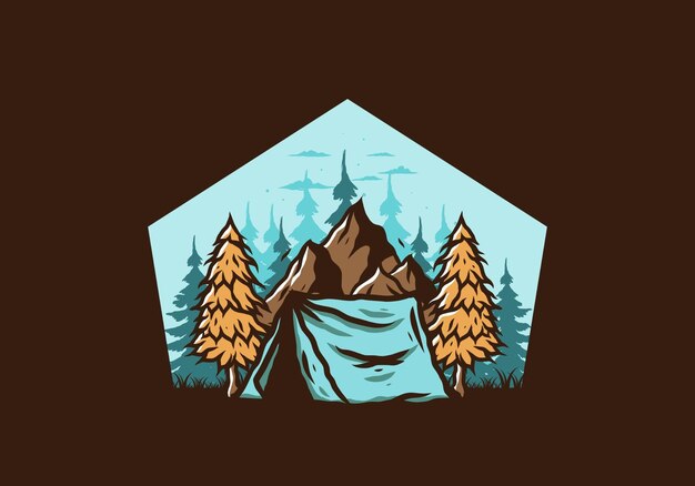 Camping tent in front of the mountain and between pine trees