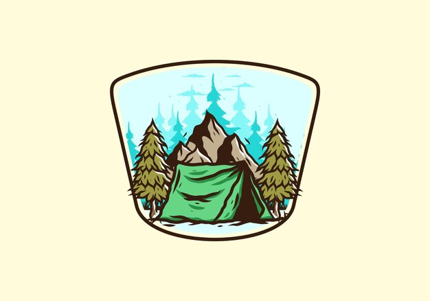 Camping tent in front of the mountain and between pine trees