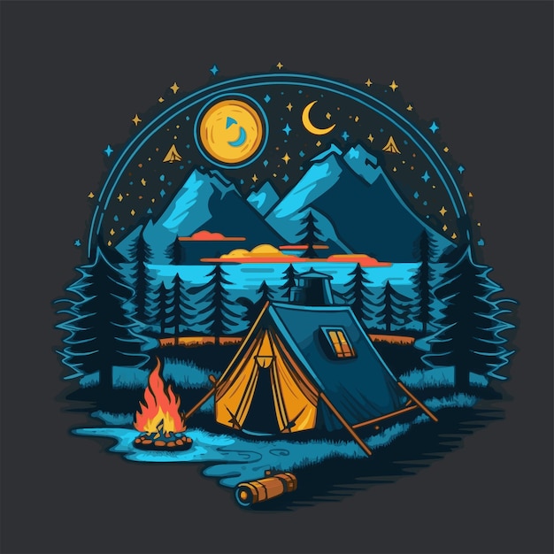 Camping Tent Illustration with Mountains Forest for Logo Badges Poster Emblem