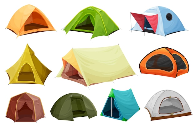 Camping tent isolated icons of tourist equipment, outdoor adventure and travel design.