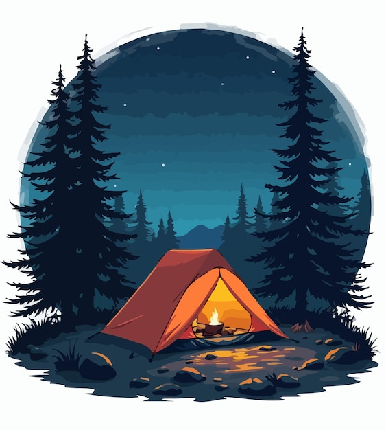 Vector a camping tent tshirt design with a campfire and trees in the background