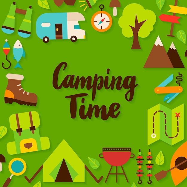 Camping Time Lettering Postcard. Vector Illustration of Flat Style Adventure Poster.