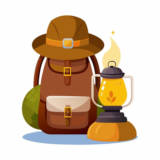 Vector camping tourist backpack hat kerosene lamp vector illustration cartoon style concept of travel 20