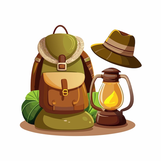 Vector camping tourist backpack hat kerosene lamp vector illustration cartoon style concept of travel 4