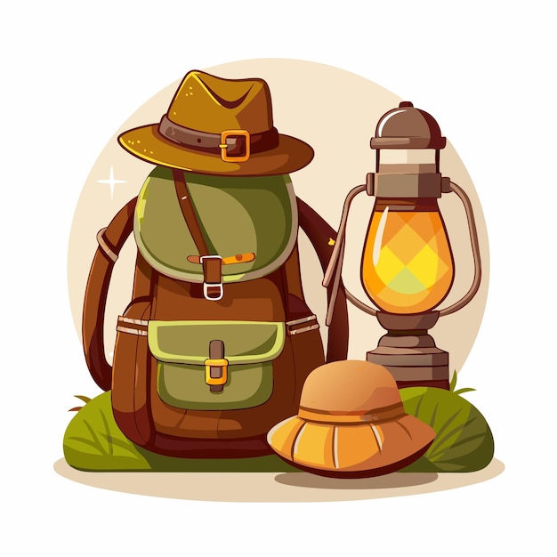 Vector camping tourist backpack hat kerosene lamp vector illustration cartoon style concept of travel 7