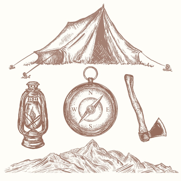 Vector camping vacation objects hand drawn elements