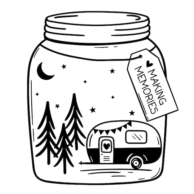 Camping Van in Mason Jar and inscription Making Memories Sign of travel Camper tourism