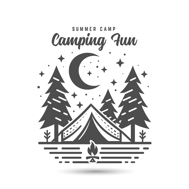 Camping Vector Illustration with Tent Pine Tree Mountain Moon Cloud Stars Forests