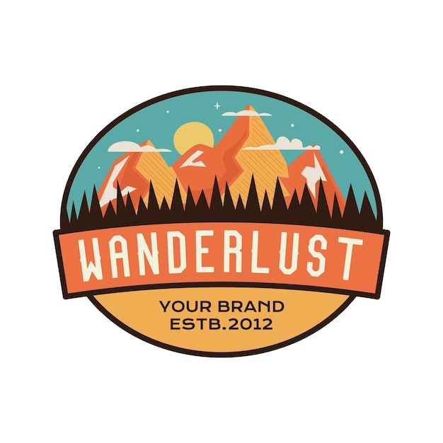 Camping wanderlust logo badge vector design with mountains Camp badge graphics in retro style Travel colorful emblem Stock vector label