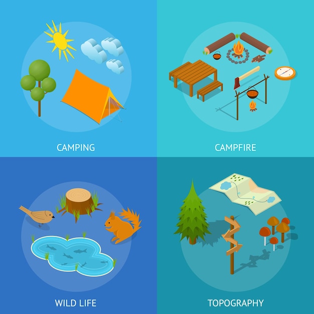 Camping Wild Life, Topography and Campfire Poster Card Set Active Leisure Concept Isometric View. Vector illustration