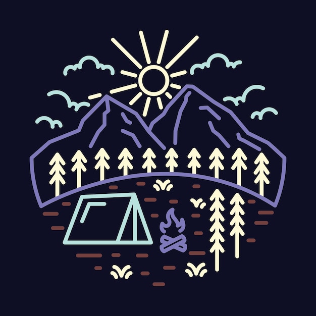 Camping with beauty view of nature with sunrise and mountains graphic illustration vector art tshirt design