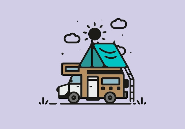 Camping with camper van line art illustration