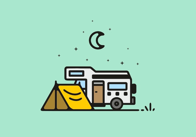 Camping with camper van line art illustration