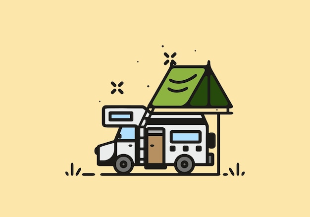 Camping with camper van line art illustration