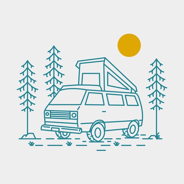 Camping with Campervan in the Woods Illustration for Apparel Design