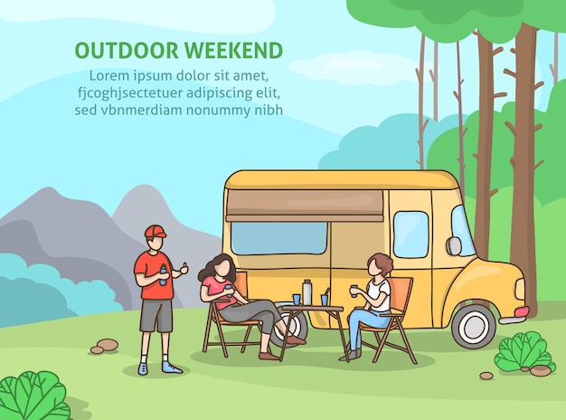 Camping with a caravan trailer on the background of a natural landscape and a place for your text