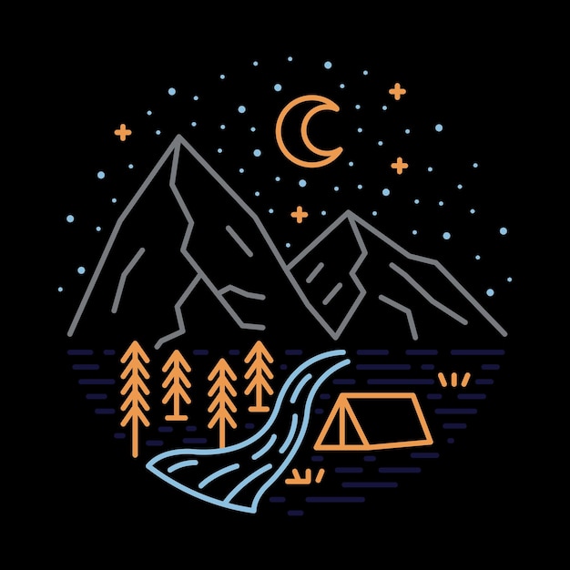 Camping with enjoying view of river and mountains graphic illustration vector art tshirt design