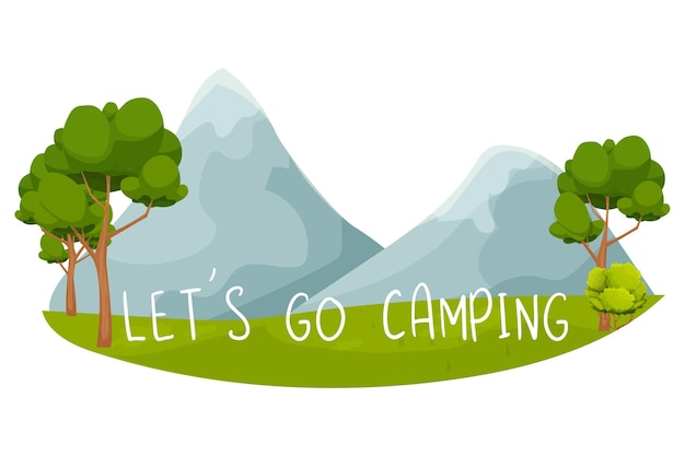 Camping with forest, mountain, landscape in cartoon style, sticker, emblem isolated on white