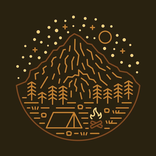 Camping with mountains view at night graphic illustration vector art tshirt design