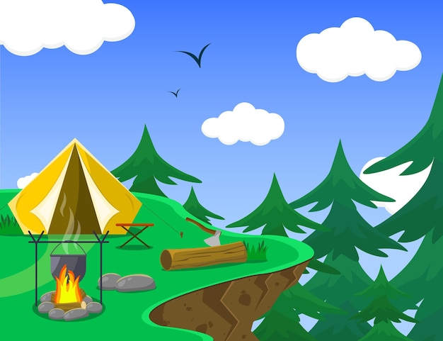 Camping with a tent in nature Cooking on a fire Summer vacation Vector illustration