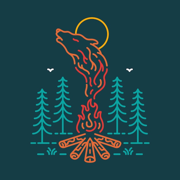 Camping with Wild Wolf Monoline Illustration