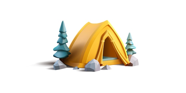 Camping yellow tent trees 3D Banner for concepts of summer vacation lifestyle travel wildlife