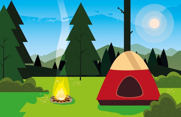 Camping zone with tent and campfire day landscape